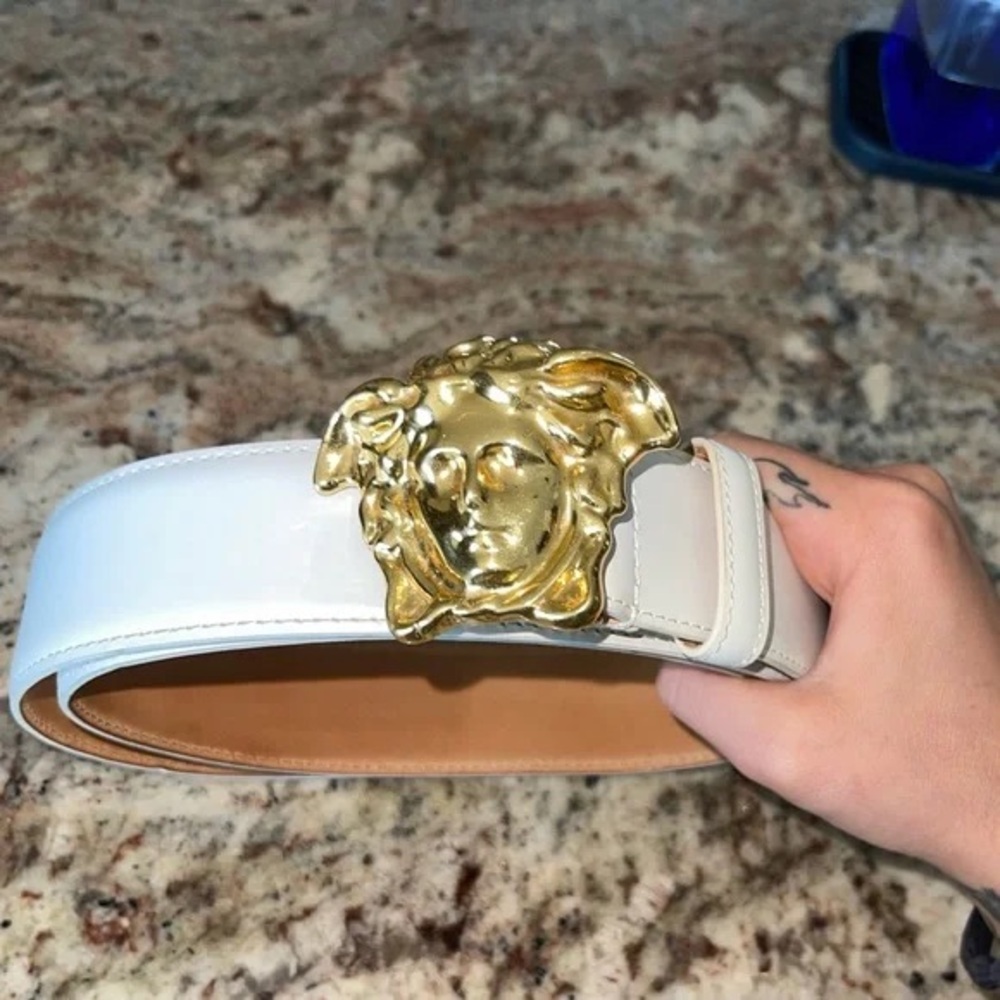 Versace White Leather Belt with Gold Medusa Buckle sz28-36